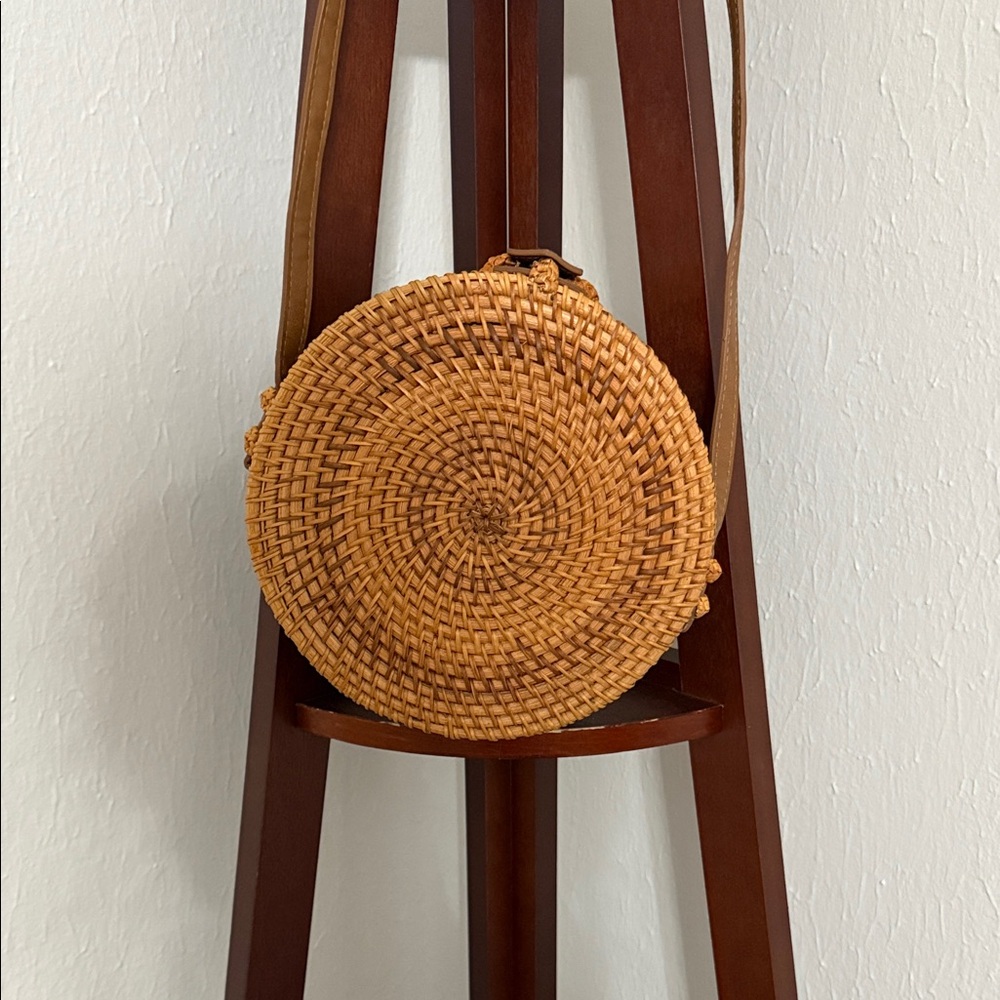 Round Woven Tan Crossbody Bag